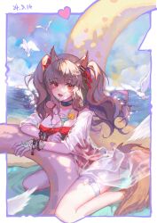 Rule 34 | 1girl, :d, absurdres, angelina (arknights), angelina (summer flower) (arknights), animal ears, arknights, bird, bracelet, breasts, brown hair, casual one-piece swimsuit, choker, cleavage, commentary request, cup, dated, drinking glass, fang, fox ears, fox girl, fox tail, full body, hair ornament, hairclip, highres, holding, holding cup, holding swim ring, infection monitor (arknights), innertube, jewelry, long hair, looking at viewer, multiple bracelets, necklace, ocean, official alternate costume, one-piece swimsuit, open mouth, outdoors, red eyes, red one-piece swimsuit, red ribbon, ribbon, sitting, sizuka (komorilian), skin fang, smile, solo, spaghetti strap, swim ring, swimsuit, swimsuit cover-up, tail, thigh strap, twintails, wariza, water