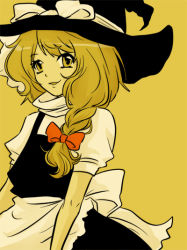 Rule 34 | 1girl, apron, arms at sides, black hat, black skirt, black vest, blonde hair, bow, braid, eyebrows, female focus, frilled apron, frills, hair bow, hat, hat bow, hat ribbon, kirisame marisa, long hair, looking at viewer, puffy short sleeves, puffy sleeves, red bow, ribbon, ririvery, shirt, short sleeves, simple background, skirt, smile, solo, touhou, turtleneck, upper body, vest, waist apron, white apron, white bow, white ribbon, white shirt, witch hat, yellow background, yellow theme