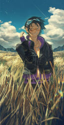 Rule 34 | 1boy, absurdres, black hair, glasses, gnosia, goggles, green hair, happy, highres, jacket, jewelry, long sleeves, male focus, multicolored hair, necklace, outdoors, sabo (sandborer 24), sha-ming, shirt, short hair, smile, solo, two-tone hair, upper body, zipper