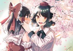 Rule 34 | 2girls, ark tr, arm garter, artist name, bare shoulders, black hair, black ribbon, blue eyes, blurry, blurry background, blush, bow, brown eyes, cherry blossoms, collared shirt, commentary request, day, detached sleeves, falling petals, flower, frilled bow, frilled hair tubes, frilled sleeves, frills, hair bow, hair tubes, hakurei reimu, hand up, hat, highres, holding, holding flower, long sleeves, looking at another, medium hair, multiple girls, neck ribbon, nontraditional miko, open mouth, outdoors, petals, pointy ears, pom pom (clothes), red bow, red shirt, ribbon, shameimaru aya, shirt, sidelocks, signature, sleeveless, sleeveless shirt, teeth, tengu, tokin hat, touhou, upper body, upper teeth only, white shirt, yuri