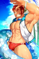 Rule 34 | 1boy, abs, akashi (live a hero), akashi (water bullet) (live a hero), armpits, bad id, bad twitter id, bara, bare pectorals, beach, biceps, bulge, day, facial hair, feet out of frame, goatee, goggles, goggles around neck, gradient hair, grin, hidora art, highres, hood, hooded jacket, innertube, jacket, large pectorals, live a hero, long sideburns, looking at viewer, male focus, male swimwear, mature male, multicolored hair, muscular, muscular male, navel, nipples, official alternate costume, pectorals, red eyes, red hair, red male swimwear, red swim briefs, short hair, sideburns, sleeveless, sleeveless jacket, smile, solo, stomach, summer, sunlight, swim briefs, swim ring, swimsuit, thick eyebrows, thick thighs, thighs, water, wet, white male swimwear