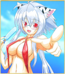 Rule 34 | 1girl, animal ears, bad id, bad pixiv id, blush, breasts, cat ears, covered erect nipples, food, fuurin rei, glasses, highres, kemonomimi mode, large breasts, long hair, looking at viewer, open mouth, original, pointing, popsicle, red eyes, shikishi, smile, solo, tomoyan (nyakkoya)