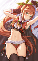 Rule 34 | 1girl, :o, armpits, arms up, athenawyrm, bare shoulders, bed sheet, bikini, black gloves, black thighhighs, blush, breasts, cape, clarisse (granblue fantasy), cleavage, feather hair ornament, feathers, fur-trimmed bikini, fur-trimmed cape, fur-trimmed gloves, fur trim, gloves, granblue fantasy, green eyes, hair ornament, hat, highres, holly, long hair, looking at viewer, lying, medium breasts, navel, on back, orange hair, parted lips, ponytail, red bikini, red cape, red ribbon, ribbon, santa hat, side-tie bikini bottom, sidelocks, solo, stomach, swimsuit, thighhighs, unworn hat, unworn headwear, very long hair