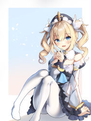 1girl :d absurdres barbara_(genshin_impact) bare_shoulders black_hat blonde_hair blue_dress blue_eyes blush commentary_request dress frilled_dress frills genshin_impact hair_between_eyes hand_up hat highres index_finger_raised knees_up long_hair long_sleeves looking_at_viewer no_shoes off-shoulder_dress off_shoulder open_mouth pantyhose puffy_long_sleeves puffy_sleeves sitting smile sob_(submar1089) solo twintails white_pantyhose