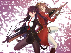 Rule 34 | 2692hd, 2girls, blush, bolt action, brown hair, bullpup, character name, girls&#039; frontline, gloves, green eyes, gun, lee-enfield, lee-enfield (girls&#039; frontline), long hair, looking at viewer, multiple girls, necktie, pantyhose, purple hair, red eyes, rifle, scope, side ponytail, signature, sniper rifle, wa2000 (girls&#039; frontline), walther, walther wa 2000, weapon