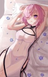 Rule 34 | 1girl, alternate costume, blush, breasts, commentary request, covered navel, fate/grand order, fate (series), hair over one eye, highres, large breasts, looking at viewer, lying, mash kyrielight, nail polish, on back, open mouth, panipo2501, pink nails, purple eyes, purple hair, see-through, see-through silhouette, short hair, solo