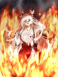 Rule 34 | arm up, black background, bow, breasts, collar, collared shirt, eyes visible through hair, fire, fujiwara no mokou, grey background, hair between eyes, hair bow, hand up, highres, long hair, long sleeves, looking at viewer, medium breasts, multicolored bow, open mouth, pants, red bow, red eyes, red pants, shee take, shirt, solo, standing, touhou, white bow, white hair, white shirt
