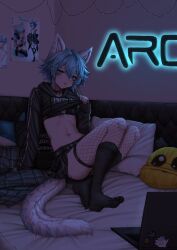 Rule 34 | 1boy, :p, absurdres, animal ears, archon eclipse, bikini, bikini top only, black bikini, black choker, black skirt, black socks, blue eyes, blue hair, body markings, choker, christmas lights, christmas ornaments, clothes lift, commission, computer, emoji, feet, fishnet thighhighs, fishnets, highres, ikea shark, indie virtual youtuber, laptop, legs, leopard boy, leopard ears, leopard tail, lifted by self, lobsteranian, long sleeves, looking at viewer, male focus, marking on cheek, navel, no shoes, pillow, pleading face emoji, poster (object), shirt lift, short hair, sitting, skirt, snow leopard, socks, soles, spotted tail, stuffed animal, stuffed shark, stuffed toy, swimsuit, tail, thighhighs, toes, tongue, tongue out, trap, virtual youtuber