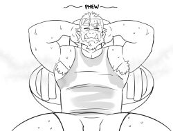 Rule 34 | 1boy, = =, absurdres, armpit hair, armpit hair peek, armpits, arms behind head, bara, beard, bench press, bulge, closed eyes, excessive armpit hair, forked eyebrows, from above, full beard, greyscale, highres, large pectorals, lying, male focus, mature male, monochrome, monster boy, muscular, muscular male, nipple slip, nipples, on back, onlytusks, orc, original, pectorals, pointy ears, sanpaku, scar, scar on face, scar on nose, short hair, shorts, sidepec, solo, spread legs, sweat, sweaty clothes, tank top, thick beard, thick eyebrows, thick thighs, thighs, tusks, very sweaty, zorg (onlytusks)