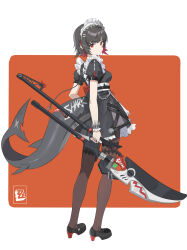 Rule 34 | 1girl, absurdres, black dress, black footwear, black hair, breasts, brown pantyhose, chenmu sora, closed mouth, dress, ellen joe, fins, fish tail, full body, guan dao, hair ornament, hairclip, high heels, highres, holding, holding polearm, holding weapon, looking at viewer, looking to the side, maid headdress, medium breasts, multicolored hair, pantyhose, polearm, red background, red eyes, red hair, shark tail, shoes, short hair, simple background, solo, standing, tail, two-tone background, two-tone hair, weapon, white background, wrist cuffs, x hair ornament, zenless zone zero