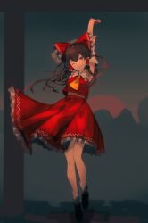 Rule 34 | 1girl, absurdres, ascot, bare shoulders, black footwear, bow, brown hair, closed mouth, detached sleeves, frilled skirt, frills, hair between eyes, hair bow, hair tubes, hakurei reimu, highres, japanese clothes, long hair, nontraditional miko, one eye closed, red bow, red eyes, red skirt, ribbon-trimmed sleeves, ribbon trim, shoes, sidelocks, skirt, smile, socks, solo, touhou, uroam, white sleeves, white socks, wide sleeves, yellow ascot