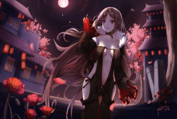 Rule 34 | 1girl, absurdres, belt collar, black dress, breasts, breasts apart, brown eyes, brown hair, center opening, cherry blossoms, choker, cleavage, collar, collarbone, dress, ear piercing, earrings, fate/grand order, fate (series), flower request, from below, full moon, fur trim, hand in own hair, highres, jewelry, lantern, long hair, looking at viewer, medium breasts, moon, multiple earrings, navel, piercing, revealing clothes, ribbed dress, ribbon-trimmed dress, smile, strapless, strapless dress, thighs, tile roof, torn clothes, torn sleeves, very long hair, yu mei-ren (fate), yuber.x
