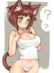 Rule 34 | 1girl, ?, animal ears, bottomless, breasts, brown hair, cat ears, cat tail, cleavage, groin, hitowa, no pants, original, panties, shirt, short hair, solo, tail, tank top, taut clothes, taut shirt, underwear, white panties, yellow eyes