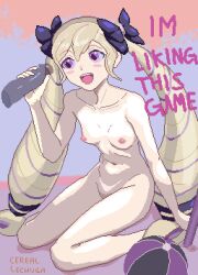 Rule 34 | 1boy, 1girl, absurdres, artist name, ball, beachball, black bow, blonde hair, blush stickers, bow, breasts, cerealxs, collarbone, completely nude, disembodied penis, drill hair, elise (fire emblem), english text, feet out of frame, fire emblem, fire emblem fates, hair bow, hair ornament, highres, long hair, navel, nipples, nude, open mouth, penis, penis grab, purple eyes, sitting, small breasts, smile, solo focus, teeth, thighs, twin drills, twintails, upper teeth only, very long hair, wariza