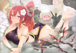 Rule 34 | 1girl, anklet, armlet, ass, barefoot, blush, bracelet, breasts, butt crack, feet, feet up, flower, hair flower, hair ornament, highres, japanese macaque, jewelry, large breasts, long hair, lots of jewelry, maeda toshinaga (sengoku bushouki muramasa), monkey, partially submerged, ponytail, red eyes, red hair, sengoku bushouki muramasa, smile, soles, solo, toes, whoosaku