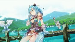 Rule 34 | 2girls, atelier (series), atelier sophie, blue eyes, blue hair, breasts, capelet, cleavage, cleavage cutout, clothing cutout, corset, day, elbow gloves, game cg, gloves, green eyes, hair ornament, lake, leon (atelier), long hair, medium breasts, multiple girls, noco (adamas), official art, one eye closed, plachta, silver hair, skirt, smile, thighhighs, water, white gloves