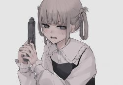 Rule 34 | 1girl, black dress, blush, braid, collared shirt, commentary request, dress, eyebrows hidden by hair, frilled shirt collar, frills, grey background, grey eyes, grey hair, gun, hair rings, handgun, highres, holding, holding gun, holding weapon, long sleeves, looking at viewer, nail polish, open mouth, original, pistol, purple nails, shirt, simple background, sleeveless, sleeveless dress, sleeves past wrists, solo, sweat, tsuruse, two-handed, upper body, weapon, white shirt