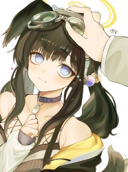 Rule 34 | 1boy, 1girl, :3, absurdres, animal ears, black hair, blue archive, blue collar, blue eyes, blush, breasts, closed mouth, collar, commentary, dog ears, dog girl, dog tail, goggles, goggles on head, hair bobbles, hair ornament, halo, headpat, heart, hibiki (blue archive), highres, jacket, long hair, long sleeves, ran (bearsoymilk), sidelocks, simple background, sleeves past wrists, sparkle, symbol-only commentary, tail, upper body, white background