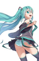 Rule 34 | 1girl, aqua eyes, aqua hair, ass, clothes lift, dated, detached sleeves, female focus, hatsune miku, highres, long hair, looking back, necktie, ninnzinn, open mouth, panties, simple background, skirt, skirt lift, solo, striped clothes, striped panties, thighhighs, twintails, underwear, vocaloid, white background