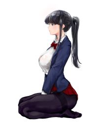 Rule 34 | 1girl, absurdres, arched back, black hair, black pantyhose, blazer, blouse, blue jacket, blush, bow, bowtie, breasts, closed mouth, collared shirt, diagonal-striped bow, diagonal-striped bowtie, diagonal-striped clothes, diagonal-striped skirt, dress shirt, from side, highres, jacket, komi-san wa komyushou desu, komi shouko, large breasts, long hair, long sleeves, mamimi (mamamimi), miniskirt, open clothes, open shirt, pantyhose, pleated skirt, ponytail, purple eyes, red bow, red bowtie, red skirt, school uniform, seiza, shirt, sidelocks, simple background, sitting, skirt, solo, straight hair, striped bow, striped bowtie, striped clothes, striped neckwear, striped skirt, thighs, white background, white shirt, wing collar