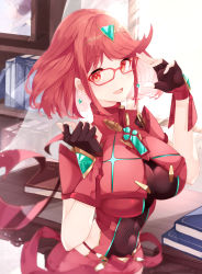 Rule 34 | 1girl, absurdres, black gloves, bob cut, breasts, chest jewel, earrings, fingerless gloves, gem, glasses, gloves, headpiece, highres, jewelry, large breasts, pyra (xenoblade), red eyes, red hair, red shorts, red thighhighs, risumi (taka-fallcherryblossom), short hair, short shorts, shorts, solo, swept bangs, thighhighs, tiara, xenoblade chronicles (series), xenoblade chronicles 2