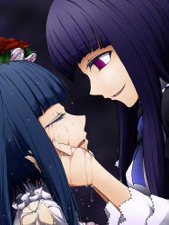 Rule 34 | 2girls, blue hair, blunt bangs, bow, closed eyes, dress, flower, frederica bernkastel, frills, furudo erika, hair ornament, hand on another&#039;s face, highres, long hair, looking at another, multiple girls, nae (whitecake), purple eyes, ribbon, rose, smile, tears, twintails, umineko no naku koro ni, wet, wet clothes