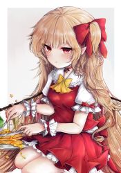 Rule 34 | 1girl, :t, absurdly long hair, alternate hair length, alternate hairstyle, ascot, blonde hair, blush, commentary request, eating, flandre scarlet, food, fork, frilled shirt collar, frilled sleeves, frills, gradient background, grey background, hair ribbon, highres, holding, holding fork, holding knife, honey, knife, long hair, looking at viewer, no headwear, pancake, petticoat, plate, pointy ears, puffy short sleeves, puffy sleeves, red eyes, red ribbon, red skirt, red vest, ribbon, seiza, shirt, short sleeves, side ponytail, simple background, sitting, skirt, solo, touhou, very long hair, vest, white shirt, wings, wrist cuffs, yellow ascot, yuma (yuuma pants)