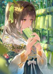 Rule 34 | 1girl, absurdres, ahoge, bamboo, bamboo shoot, bridge, brown eyes, brown hair, hanbok, highres, japanese clothes, korean clothes, korean commentary, long hair, multicolored clothes, open mouth, original, outdoors, raincsh, sidelocks, traditional clothes, two side up, water drop