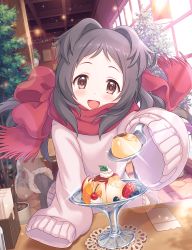Rule 34 | 1girl, blush, boots, brown eyes, brown hair, cygames, feeding, food, fruit, ghost, highres, leg up, lens flare, long hair, looking at viewer, miyako (princess connect!), miyako (real) (princess connect!), official art, open mouth, plant, pov, princess connect!, pudding, scarf, sleeves past wrists, solo, sparkle, spoon, table, thighhighs, third-party source, transparent, window