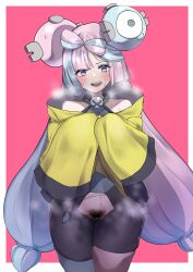 Rule 34 | 1girl, :d, absurdres, asymmetrical clothes, bare shoulders, blue hair, blush, creatures (company), female pubic hair, game freak, hair ornament, highres, iono (pokemon), long hair, looking at viewer, mismatched pubic hair, nintendo, open mouth, pink eyes, pink hair, pokemon, pokemon sv, pubic hair, ryouten9, single pantsleg, sleeves past wrists, smile, solo, sweat, very long hair