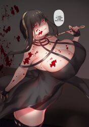Rule 34 | 1girl, aster crowley, black dress, black hair, blood, blood on clothes, blood on face, breasts, choker, cleavage, curvy, dagger, dress, english text, feet out of frame, hairband, heart, highres, holding, holding knife, huge breasts, knife, looking at viewer, mature female, red eyes, smile, solo, speech bubble, spy x family, standing, thick thighs, thighs, varia suit, weapon, yor briar