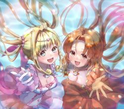 Rule 34 | 1girl, blonde hair, blue eyes, commentary request, dorara9002, dress, frilled dress, frills, gloves, hair intakes, idol, long hair, looking at viewer, mermaid melody pichi pichi pitch, nanami lucia, orange dress, orange eyes, orange gloves, orange hair, pink dress, pink gloves, seira (mermaid melody pichi pichi pitch), solo, twintails, underwater, upper body