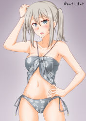 Rule 34 | alternate costume, anti (untea9), bare shoulders, blonde hair, blush, breasts, cleavage, cowboy shot, gluteal fold, gradient background, graf zeppelin (kancolle), grey background, grey eyes, hair between eyes, highres, kantai collection, large breasts, looking at viewer, midriff, navel, sidelocks, simple background, solo, swimsuit, twintails, twitter username