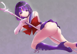 Rule 34 | 1girl, ass, back bow, bishoujo senshi sailor moon, bob cut, boots, bow, breasts, brooch, choker, circlet, earrings, elbow gloves, gloves, heart, heart brooch, highres, jewelry, leotard, looking at viewer, lying, on side, pleated skirt, purple eyes, purple hair, purple sailor collar, sailor collar, sailor saturn, sailor senshi, sailor senshi uniform, shiny skin, short hair, silence glaive, skirt, solo, star (symbol), star choker, tomoe hotaru, toppogi, white gloves, white leotard