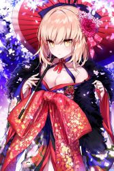 Rule 34 | 1girl, alternate costume, artoria pendragon (all), artoria pendragon (fate), bare shoulders, blonde hair, bow, breasts, cleavage, collarbone, commentary, fate (series), flower, frown, fur, hair flower, hair ornament, highres, kamiowl, large breasts, long hair, long sleeves, looking at viewer, saber alter, solo, umbrella, wide sleeves, yellow eyes