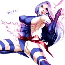 Rule 34 | 10s, 1girl, abs, animification, blue eyes, breasts, covered erect nipples, covered navel, energy blade, glowing, large breasts, leotard, lips, lipstick, long hair, makeup, marvel, muscular, muscular female, psylocke, purple hair, sash, sawao, sideboob, simple background, solo, thighhighs, thong leotard, x-men