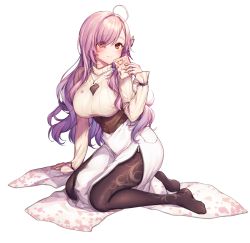 Rule 34 | 1girl, ahoge, black pantyhose, book, breasts, closed mouth, commentary request, copyright request, full body, highres, holding, holding book, jewelry, kneeling, komeshiro kasu, large breasts, long hair, long sleeves, looking at viewer, necklace, pantyhose, parted bangs, pink hair, red eyes, simple background, skirt, smile, solo, sweater, white background, white skirt, white sweater, zipper