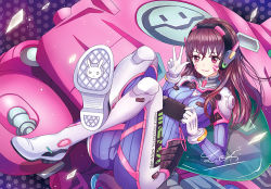 Rule 34 | 1girl, :3, animal print, artist name, bodysuit, boots, bracer, breasts, brown eyes, brown hair, clothes writing, d.va (overwatch), facepaint, facial mark, full body, gloves, handheld game console, headphones, high collar, leafyanna, long hair, looking at viewer, lying, matching hair/eyes, mecha, medium breasts, meka (overwatch), on back, overwatch, overwatch 1, pilot suit, polka dot, polka dot background, purple background, rabbit print, ribbed bodysuit, robot, shoulder pads, signature, skin tight, smile, soles, solo, swept bangs, whisker markings, white footwear, white gloves