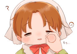 Rule 34 | 1boy, = =, ?, absurdres, ahoge, axis powers hetalia, blush, bow, bowtie, brown hair, cheek bulge, cheek pinching, chibitalia (hetalia), child, closed eyes, crossdressing, facing viewer, head scarf, headdress, highres, long sleeves, male focus, no nose, northern italy (hetalia), ok sign, ok sign over cheek, out of frame, pinching, portrait, pov, pov hands, red bow, red bowtie, save 1075, simple background, solo focus, white background, white headwear