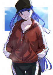 Rule 34 | 1girl, aoba (smartbeat), baseball cap, bike shorts, black hat, black shorts, blue eyes, blue sky, breasts, closed mouth, collarbone, fate/grand order, fate (series), hair ribbon, hands in pockets, hat, highres, jacket, large breasts, long hair, long sleeves, looking to the side, martha (fate), martha (under the same sky) (fate), purple hair, red jacket, ribbon, shorts, sky, smile, solo, thighs, white ribbon