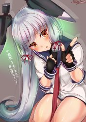 Rule 34 | 1girl, black gloves, black legwear, blunt bangs, blush, clenched hand, dress, fingerless gloves, gloves, hair ribbon, head tilt, headgear, highres, index finger raised, kantai collection, leaning, long hair, looking at viewer, murakumo (kancolle), open mouth, red neckwear, ribbon, sailor dress, sazamiso rx, school uniform, seiza, serafuku, shiny skin, sidelocks, signature, silver hair, simple background, sitting, smile, solo, thighs, translation request, tress ribbon, very long hair