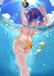 Rule 34 | 1girl, absurdres, air bubble, arms up, ass, azur lane, back, backboob, ball, bikini, blue sky, breasts, bubble, butt crack, day, feet out of frame, from behind, highres, large breasts, lens flare, long hair, manjuu (azur lane), official alternate costume, outdoors, partially submerged, partially underwater shot, playing sports, pola (azur lane), pola (seaside coincidence) (azur lane), print bikini, purple hair, shigatsu (4gate), side-tie bikini bottom, skindentation, sky, solo, starfish, sun, sunlight, swimsuit, thighhighs, topless, twintails, underwater, untied bikini, volleyball, volleyball (object), wardrobe malfunction, water, white thighhighs, yellow bikini