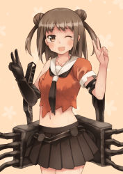 Rule 34 | 10s, 1girl, ;d, bad id, bad pixiv id, blush, brown eyes, brown hair, double bun, double v, elbow gloves, gloves, kantai collection, kouno hikaru, looking at viewer, naka (kancolle), navel, one eye closed, open mouth, skirt, smile, solo, tears, torn clothes, v