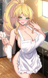 Rule 34 | 1girl, :d, absurdres, apron, bare arms, bare shoulders, blonde hair, blurry, blurry background, breasts, character request, commentary, commission, copyright request, cowboy shot, green eyes, highres, huge breasts, indoors, long hair, looking at viewer, naked apron, nez-box, open mouth, ponytail, smile, solo, standing, thighs, white apron