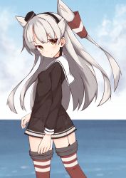 Rule 34 | 1girl, absurdres, amatsukaze (kancolle), black hairband, blue sky, blurry, blurry background, blush, breasts, brown dress, brown eyes, closed mouth, cloud, commentary request, day, depth of field, dress, garter straps, grey hair, hair tubes, hairband, highres, horizon, ichi (ichi.colors), kantai collection, light brown hair, long hair, looking at viewer, looking to the side, ocean, outdoors, panties, red thighhighs, sailor collar, sailor dress, see-through, short dress, sky, small breasts, smokestack hair ornament, solo, thighhighs, thighs, two side up, underwear, very long hair, water, white sailor collar