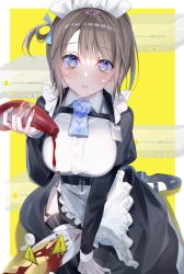 Rule 34 | 1girl, apron, blush, bottle, artistic error, error message, fallen down, highres, holding, holding bottle, ketchup, ketchup bottle, looking at viewer, maid, maid apron, maid headdress, miwano rag, on ground, open mouth, original, parted lips, plate, solo