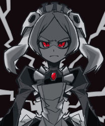Rule 34 | 1girl, absurdres, apron, black background, bloody marie (skullgirls), bone nig, brooch, facing viewer, frilled apron, frills, frown, grey hair, hair ornament, highres, jewelry, looking at viewer, maid headdress, red eyes, skull hair ornament, skullgirls, solo, spot color, twintails, upper body