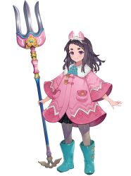 Rule 34 | 1girl, benitama, black hair, blue flower, blue footwear, boots, bow, braid, braided bangs, closed mouth, coat, flower, frederica (game), full body, fur collar, grey pantyhose, hair bow, hairband, highres, holding trident, knee boots, long hair, long sleeves, looking at viewer, official art, pantyhose, pink coat, pocket, polearm, purple eyes, second-party source, smile, solo, standing, tachi-e, thick eyebrows, transparent background, trident, weapon, white bow, white hairband