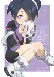 Rule 34 | 1boy, ahoge, allister (pokemon), black hair, blush, bright pupils, collared shirt, commentary request, creatures (company), dated, game freak, gloves, holding, holding mask, long sleeves, looking at viewer, male focus, mask, nanaura narina, nintendo, pokemon, pokemon swsh, purple eyes, shirt, shoes, short hair, shorts, single glove, solo, star (symbol), suspender shorts, suspenders, tearing up, white footwear, white pupils