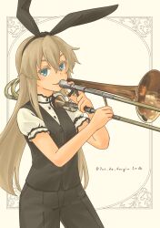 1girl absurdres alternate_costume black_hairband black_pants black_vest blonde_hair collared_shirt commentary_request dress_shirt green_eyes hairband highres instrument kantai_collection long_hair pants pot-de shimakaze_(kancolle) shirt solo standing trombone twitter_username vest white_shirt